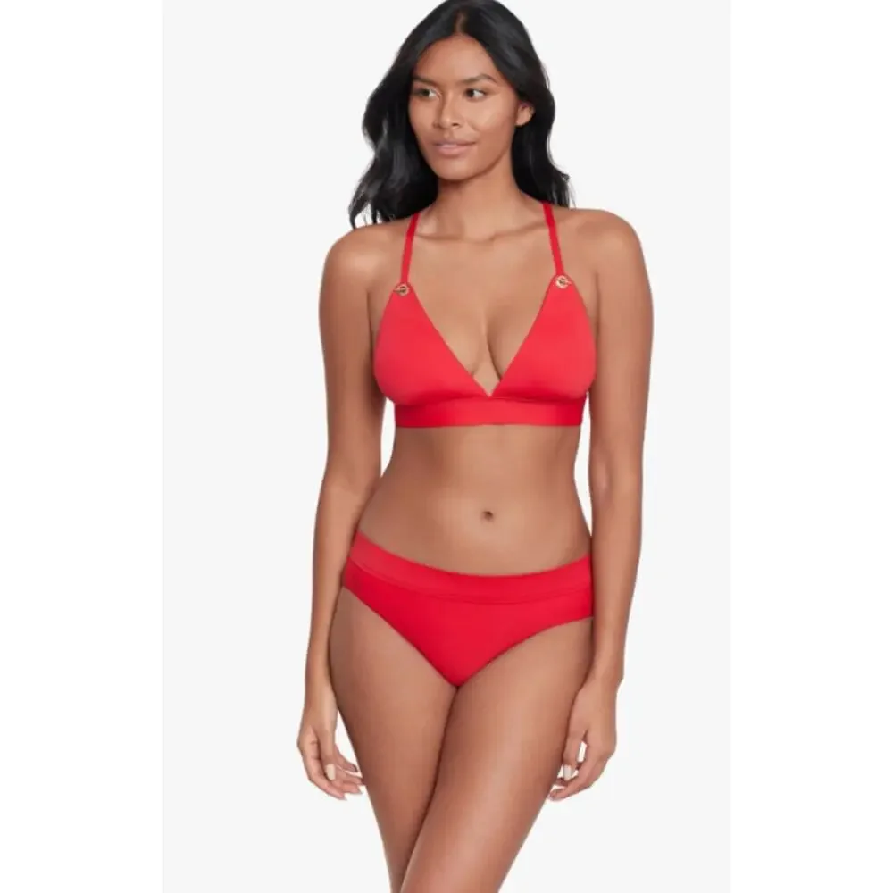 LAUREN RALPH Toggle V Neck Bikini Top Size 12 Red LAUREN Beach Club Solids NWT